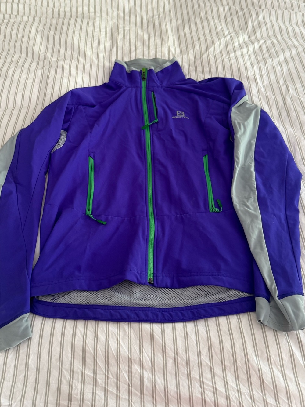 Salomon Men's Purple Softshell Jacket with Gray Panels and Green Zippers